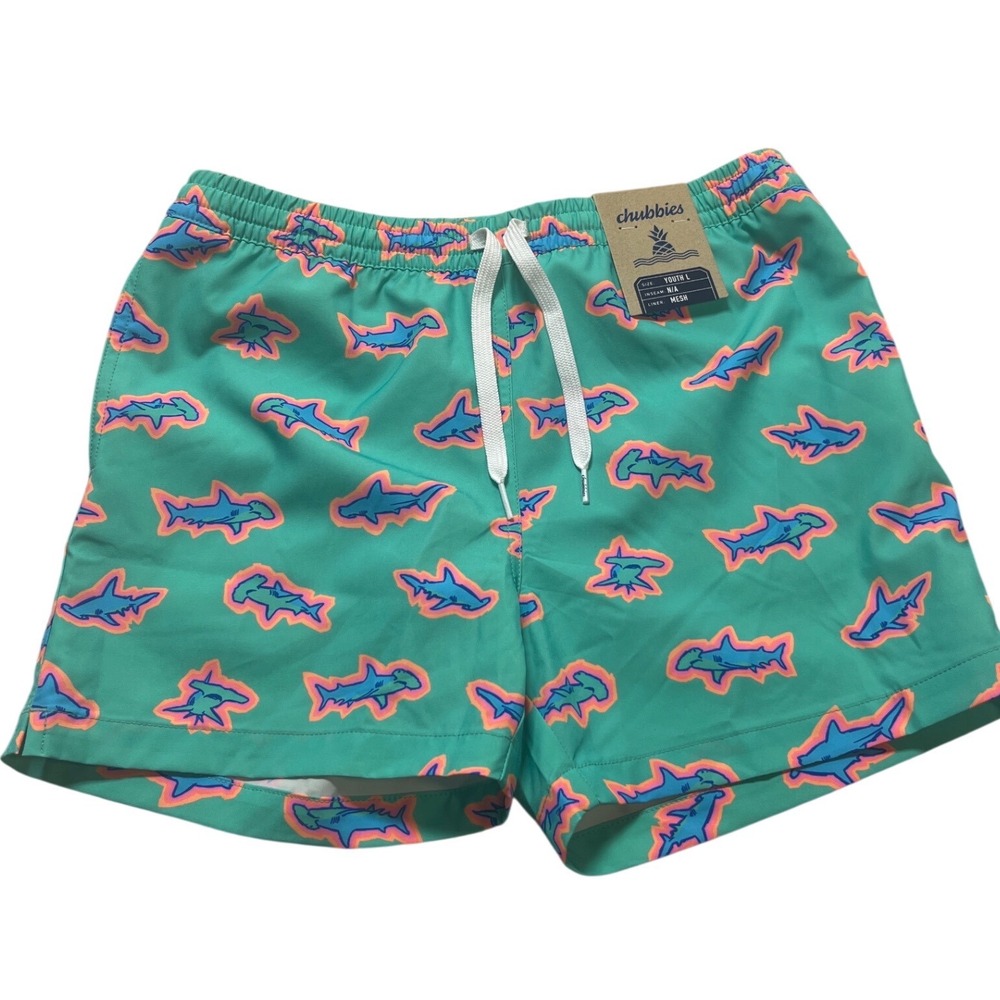 Chubbies Youth Large The Apex Swimmers Teal Shark Print Classic Swim Trunks NWT